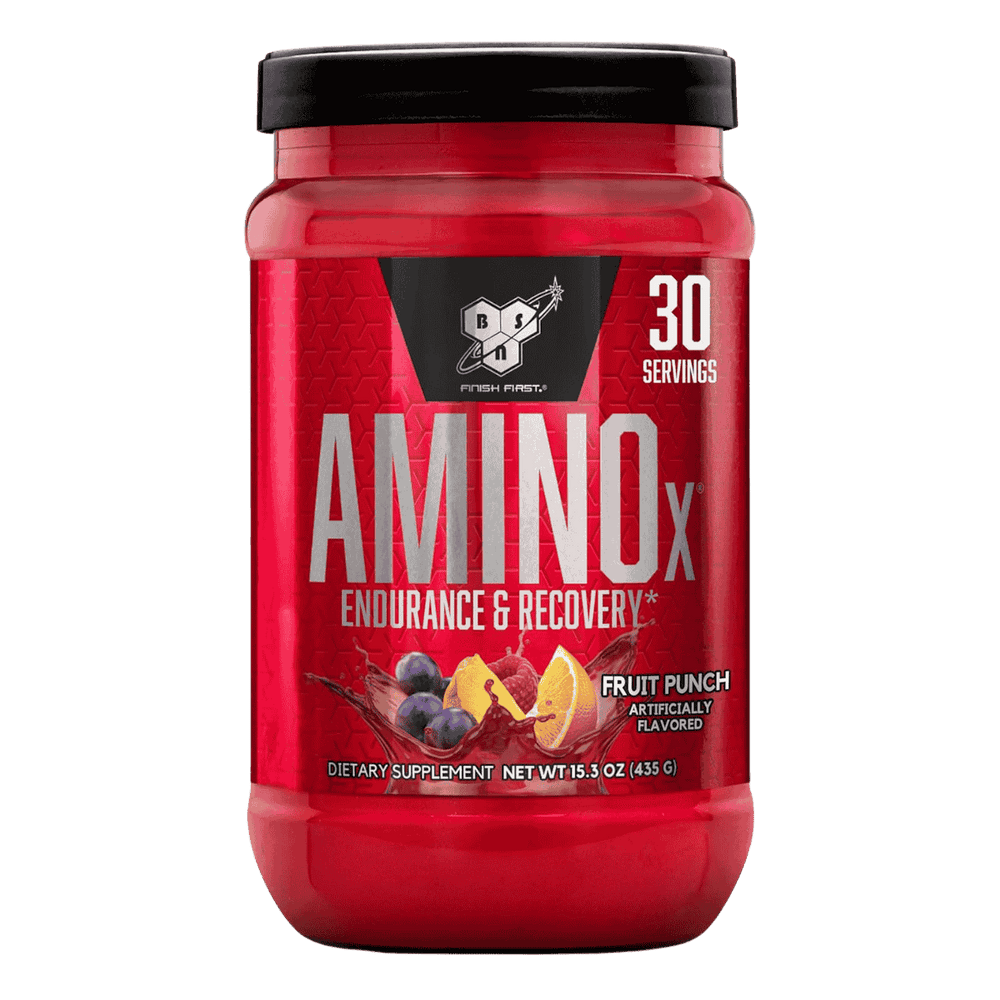 Pote de 30 servicios de Amino X de BSN sabor fruit punch, formato práctico de BCAA efervescente.
