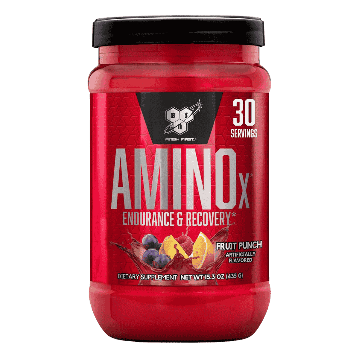 Pote de 30 servicios de Amino X de BSN sabor fruit punch, formato práctico de BCAA efervescente.
