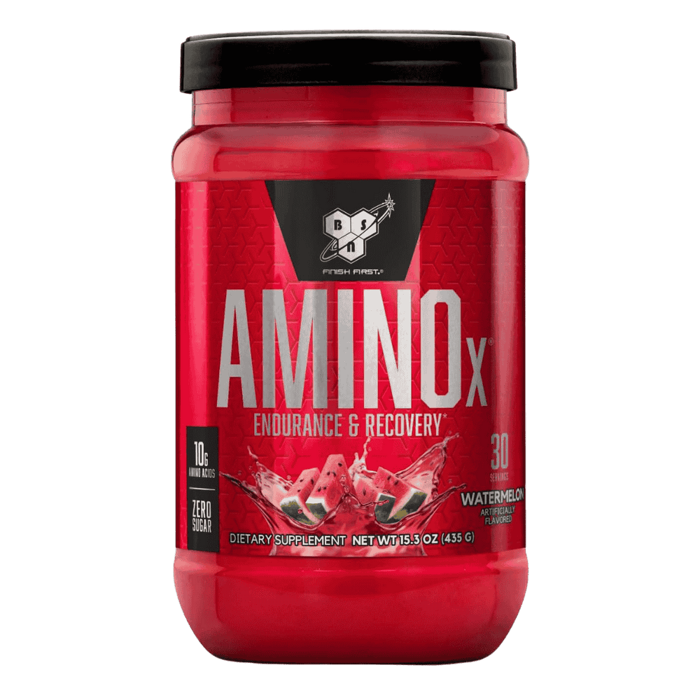 Pote de 30 servicios de Amino X de BSN sabor sandia, formato práctico de BCAA efervescente.