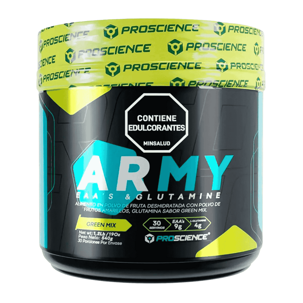 Pote de Army BCAA de Proscience sabor green mix, 30 servicios de aminoácidos en polvo.