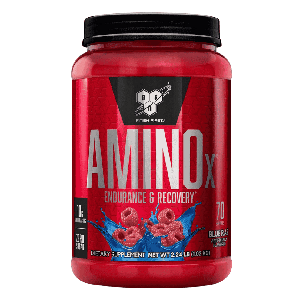 Pote de 70 servicios de Amino X de BSN sabor blue raz, BCAA efervescente para recuperación.