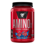 Pote de 70 servicios de Amino X de BSN sabor blue raz, BCAA efervescente para recuperación.