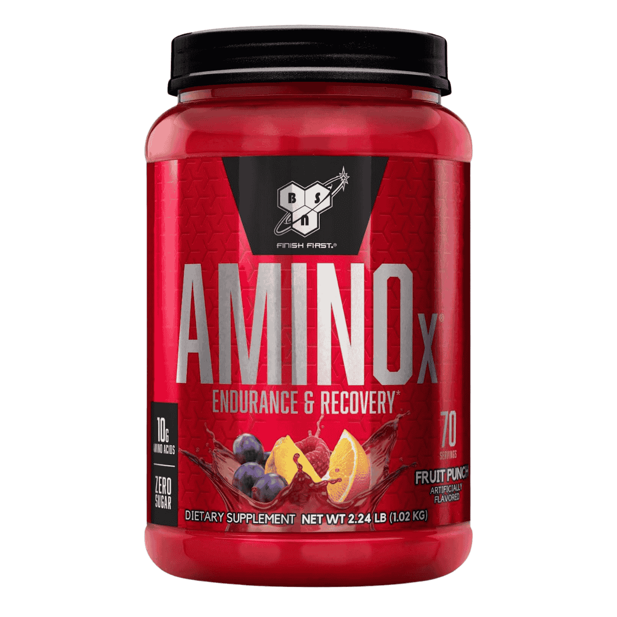 Pote de 70 servicios de Amino X de BSN sabor fruit punch, BCAA efervescente para recuperación.