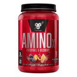 Pote de 70 servicios de Amino X de BSN sabor fruit punch, BCAA efervescente para recuperación.