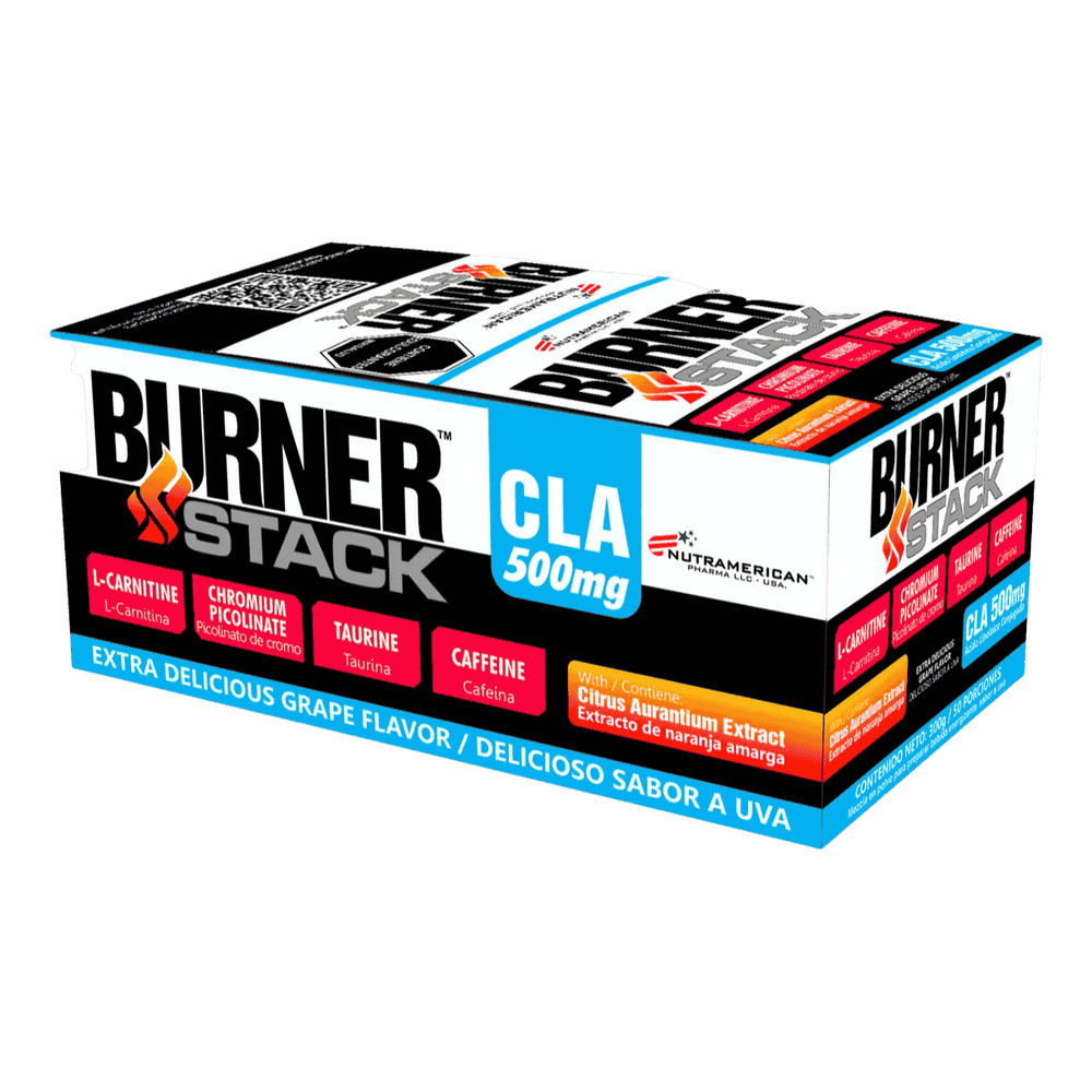 Caja con 50 sobres (sachets) del quemador de grasa Burner Stack de Nutramerican.