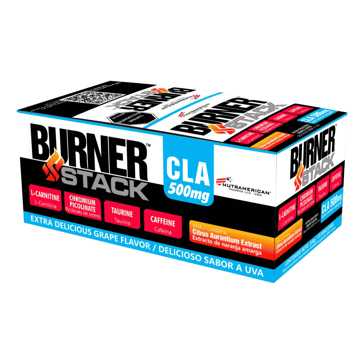 Caja con 50 sobres (sachets) del quemador de grasa Burner Stack de Nutramerican.
