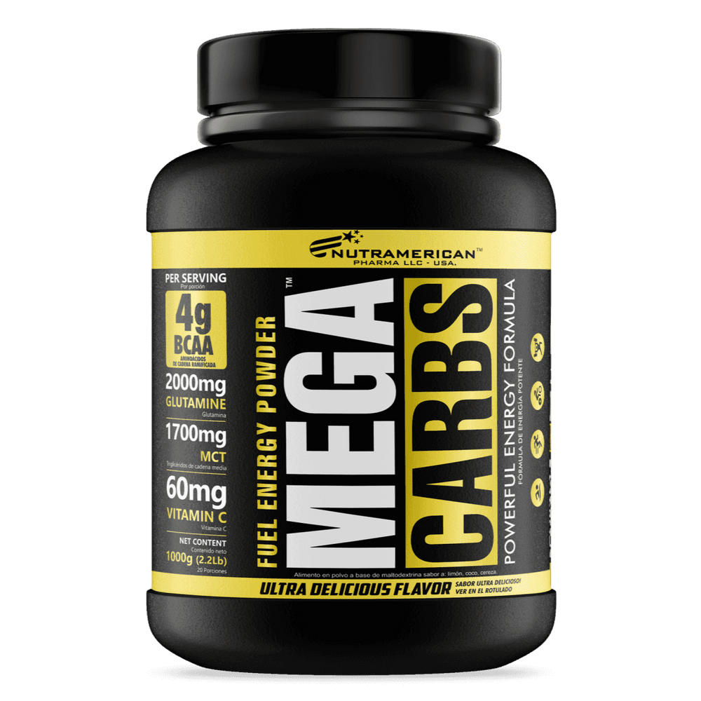 Pote de Mega Carbs de 1.6 libras, suplemento de carbohidratos en polvo de la marca Nutramerican.