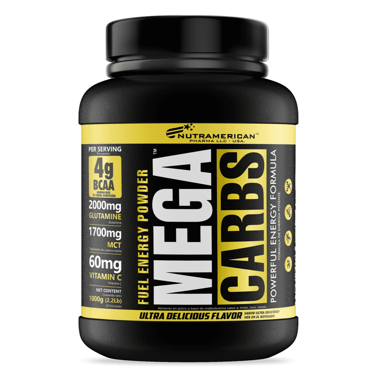 Pote de Mega Carbs de 1.6 libras, suplemento de carbohidratos en polvo de la marca Nutramerican.
