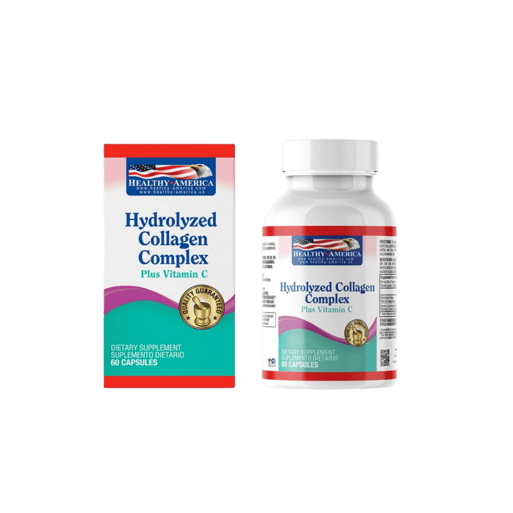 Frasco de 100 cápsulas de Hydrolized Collagen Complex de Healthy America.