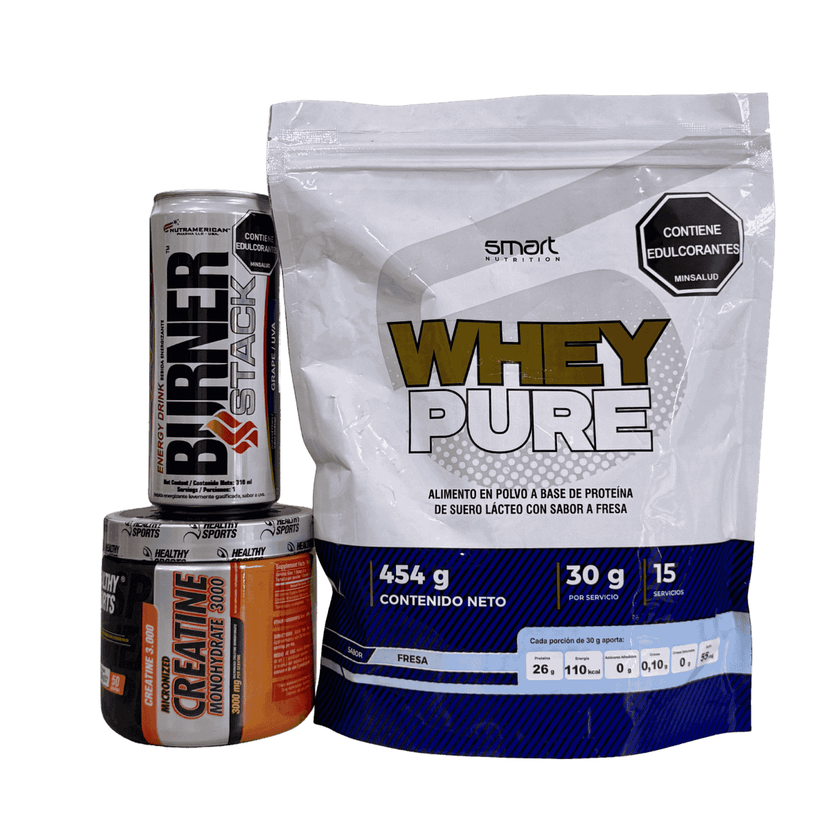 Combo de suplementos para definición muscular con proteína Whey Pure de 1 libra, creatina Healthy Sports de 50 servicios y un quemador Burner Stack en lata.