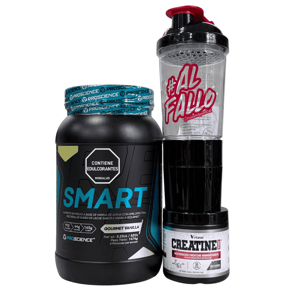 Combo para aumento de masa muscular magra que incluye un ganador de peso Smart Gainer de 3 libras, una creatina monohidratada Vitanas de 50 servicios y un shaker.