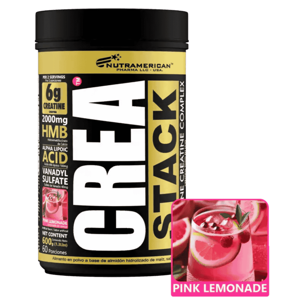 Pote de Creastack de Nutramerican, fórmula de creatina avanzada post-entrenamiento sabor pink lemonade.