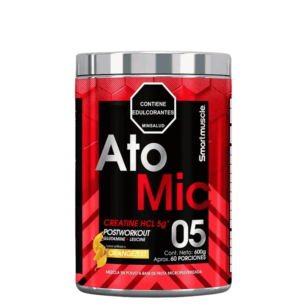 Pote de Atomic de Smart Muscle sabor orangezest, 60 servicios de creatina HCL con leucina y glutamina.