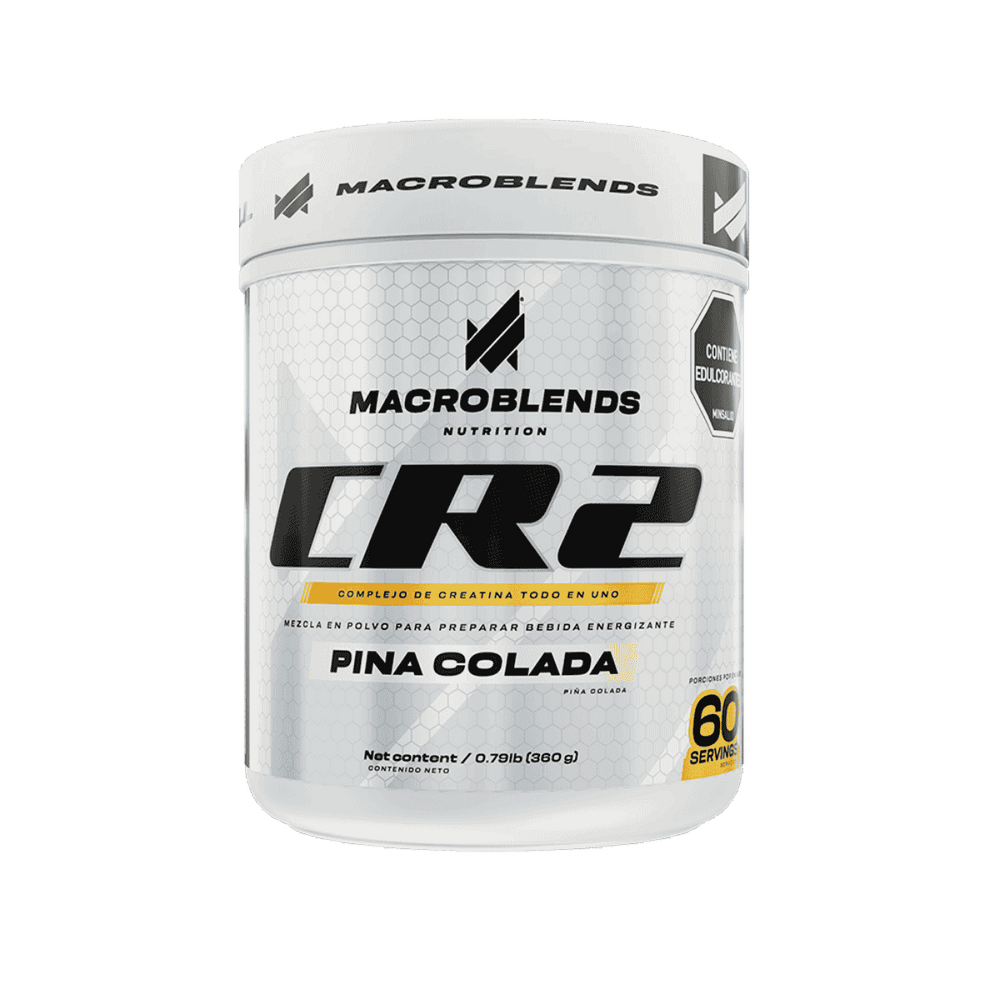 Tabla de ingredientes de Creatina CR2, mostrando su mezcla de Creatina Monohidratada y HCL sabor pina colada.