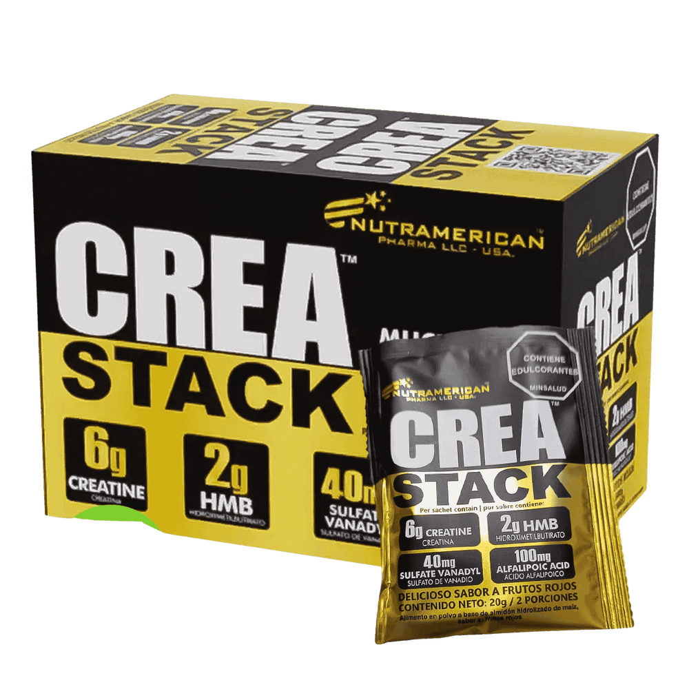 Caja con 25 sobres (sachets) del post-entreno Creastack de Nutramerican.