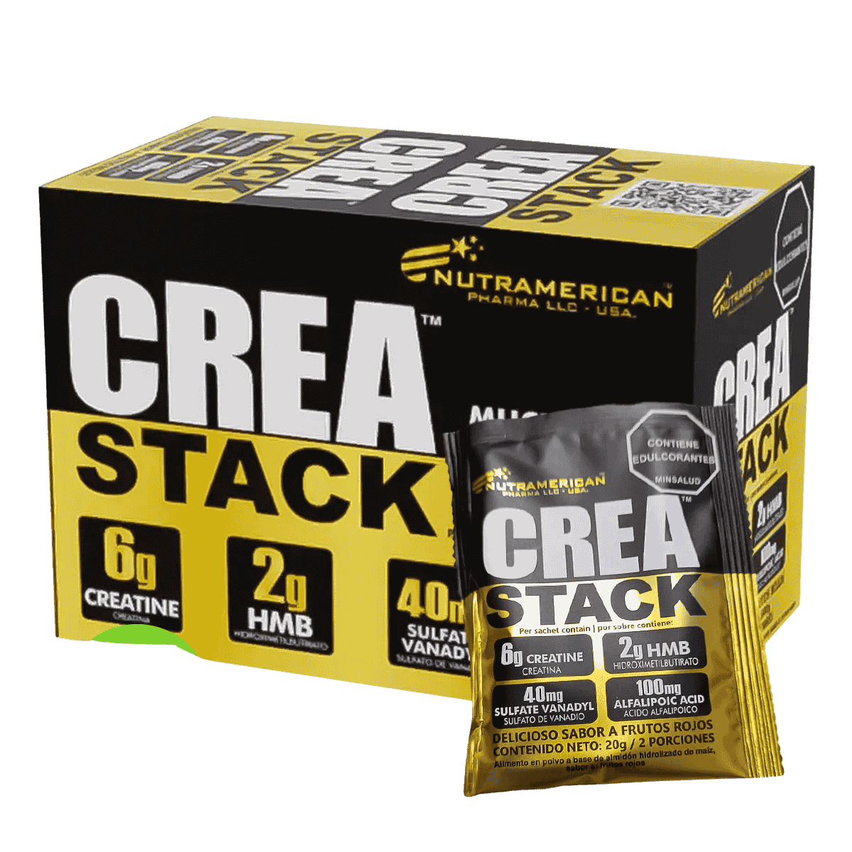Caja con 25 sobres (sachets) del post-entreno Creastack de Nutramerican.