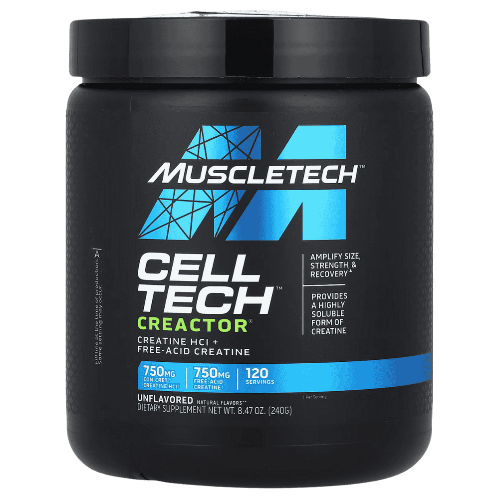 Pote de Cell-Tech Creactor de Muscletech sin sabor, 120 servicios de creatina HCL ultra concentrada.