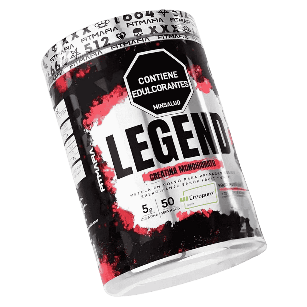 Pote de Legend de Fitmafia, 50 servicios de creatina con HMB sabor fruit punch.