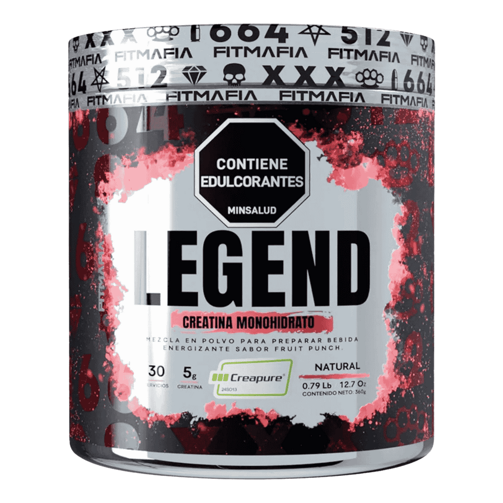 Pote de Legend de Fitmafia, 30 servicios de creatina con HMB sabor fruit punch.