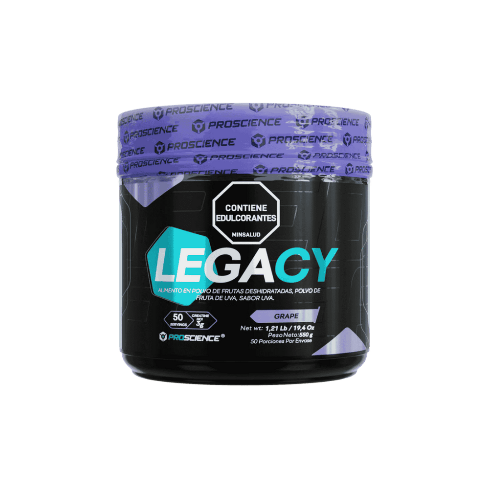 Pote de Legacy de Proscience, 50 servicios de creatina con HMB sabor uva.
