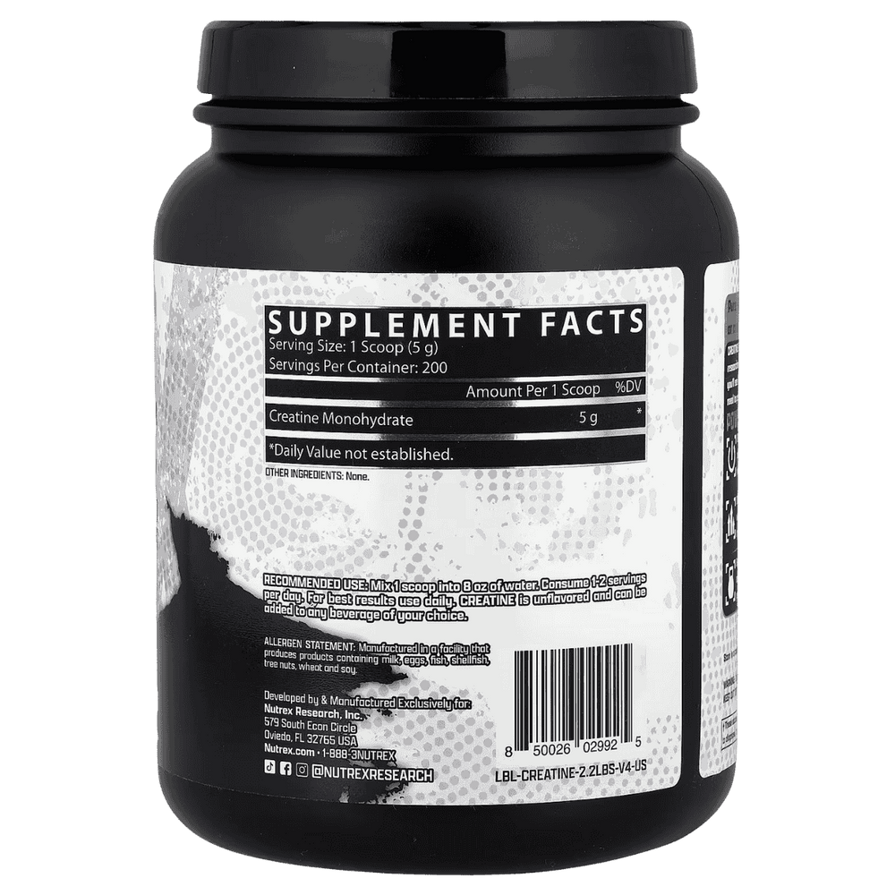 Información nutricional de la creatina Nutrex de 200 servicios.