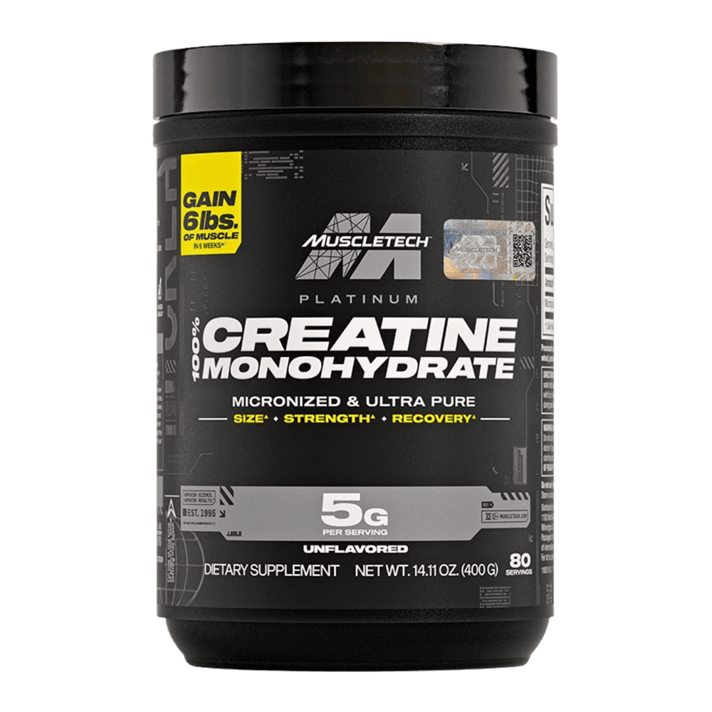 Pote de Platinum 100% Creatine de Muscletech, 80 servicios.