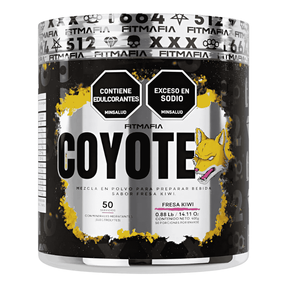 Pote de 50 servicios del energizante en polvo Coyote de Fitmafia sabor fresa kiwi.