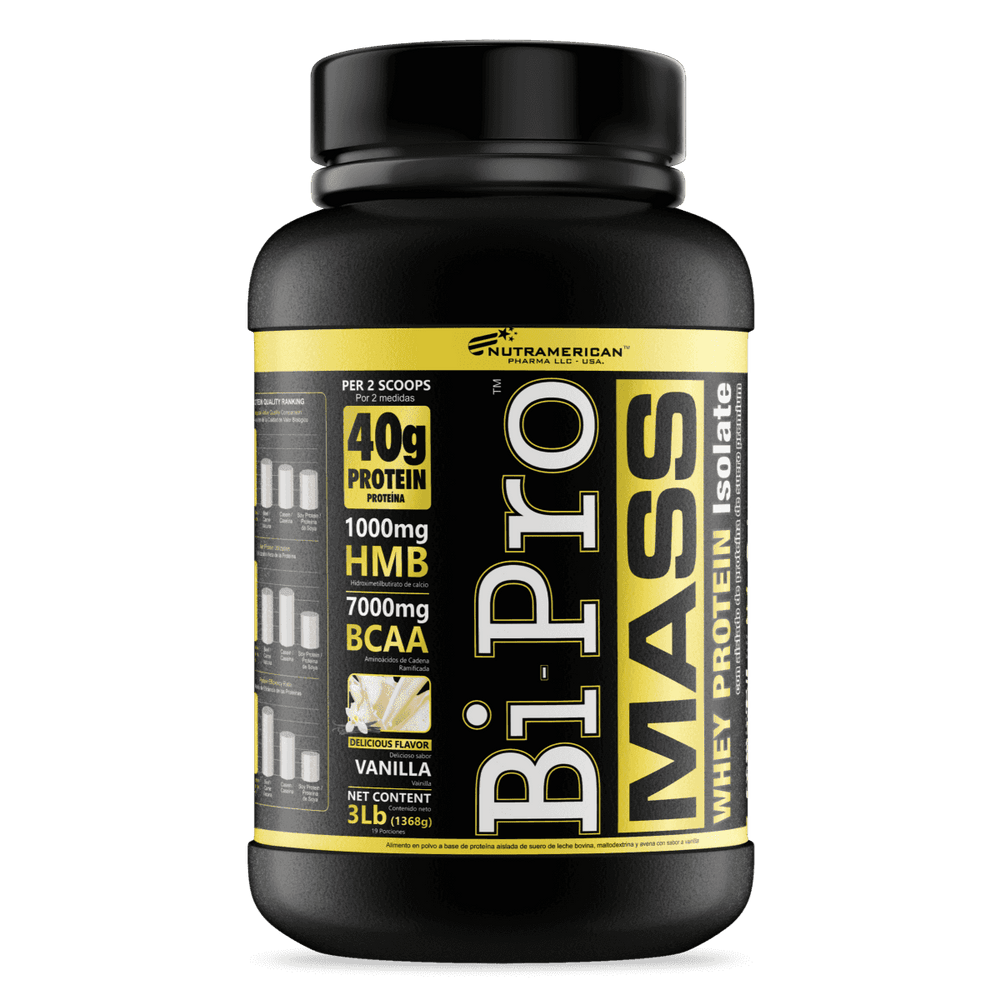 Pote de 3 libras de Bipro Mass, el ganador de masa muscular limpio de Nutramerican.

