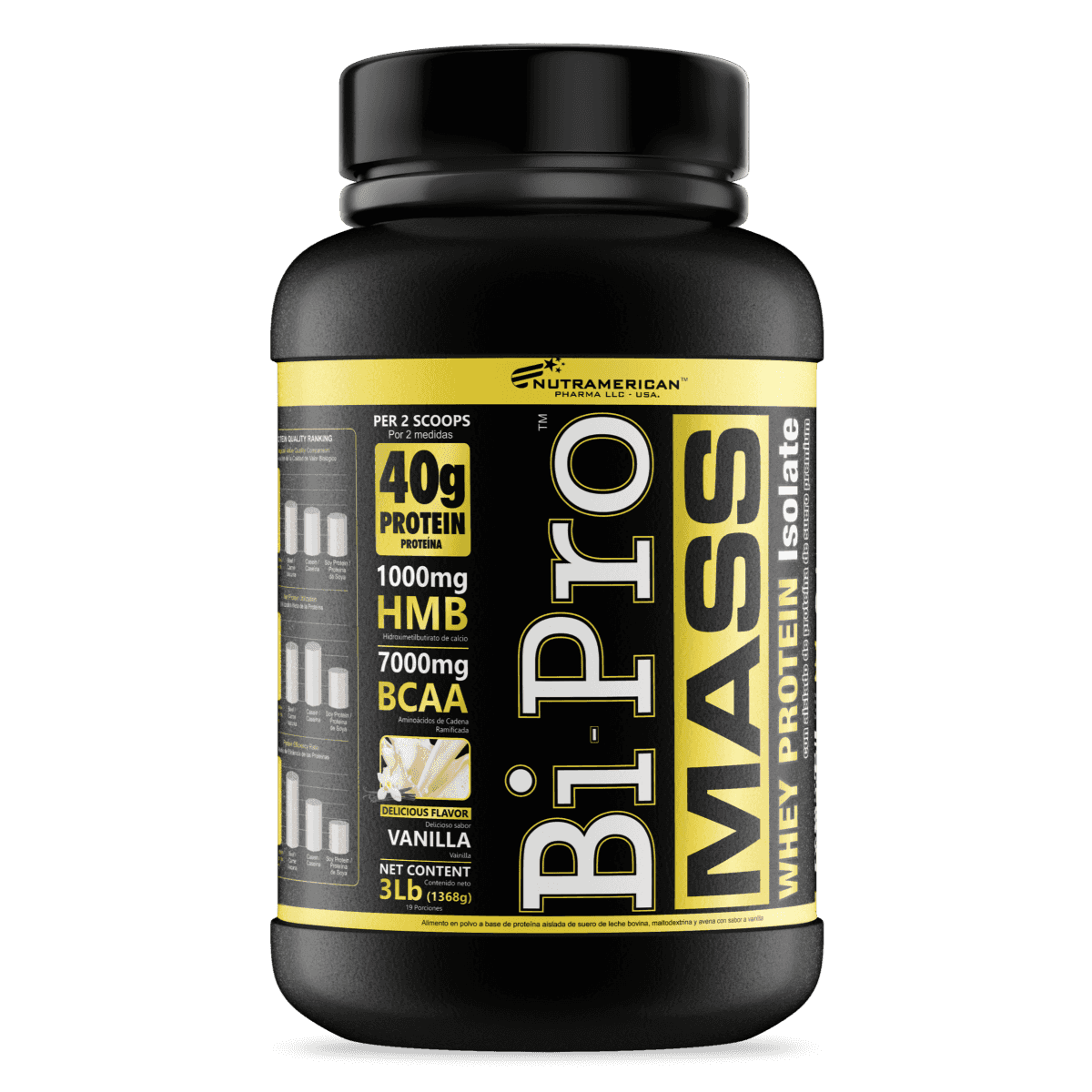 Pote de 3 libras de Bipro Mass, el ganador de masa muscular limpio de Nutramerican.

