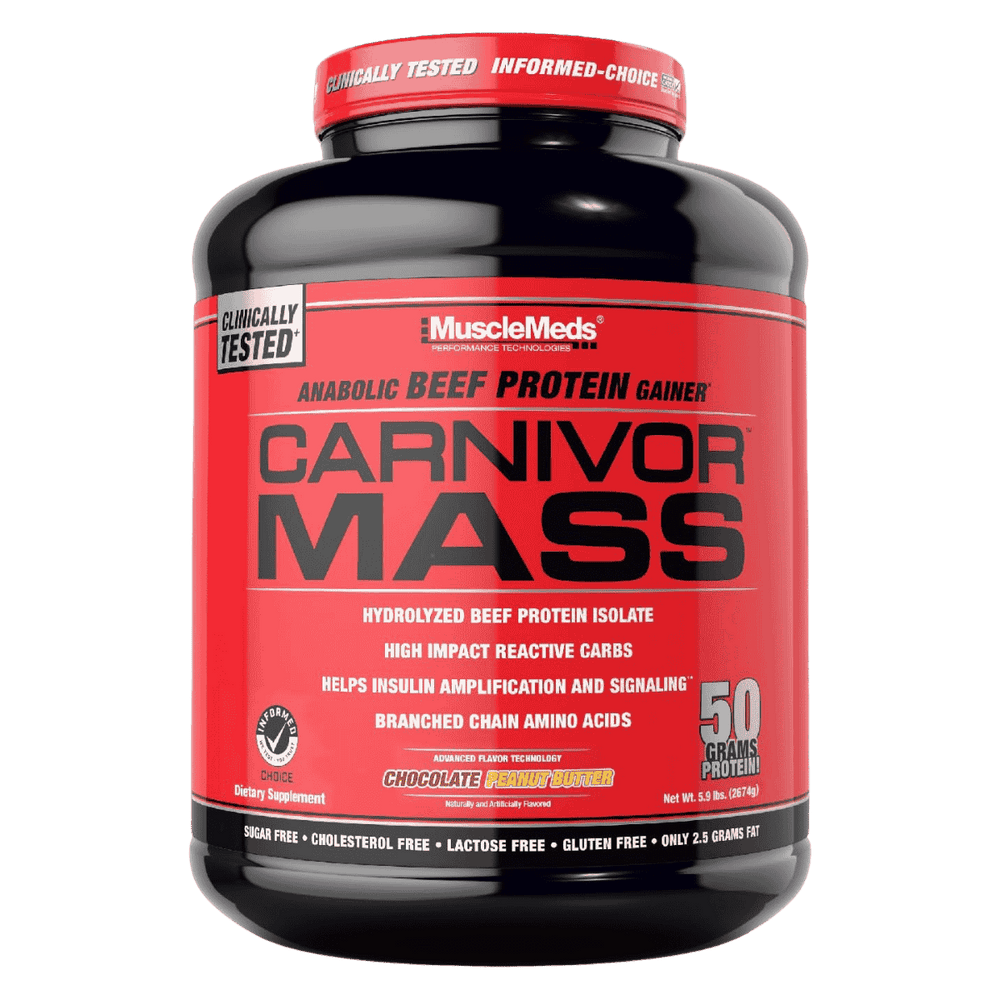 Pote de 6 libras de Carnivor Mass de MuscleMeds sabor chocolate peanut butter, el ganador de peso a base de proteína de carne.
