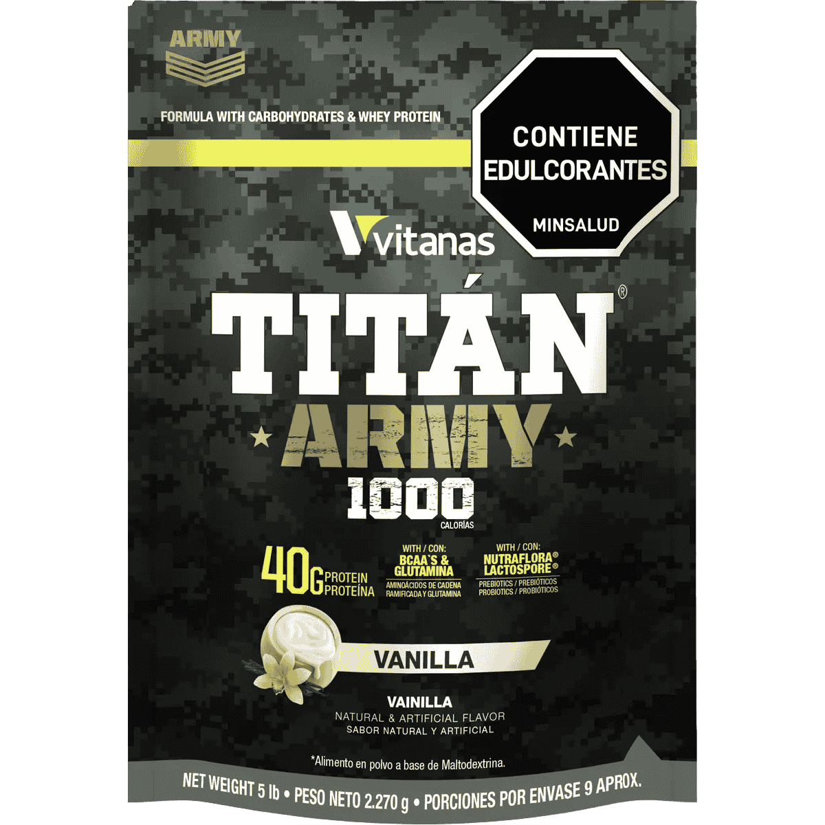 Bolsa de 5 libras de Titan Army de Vitanas, ganador de masa muscular limpio.