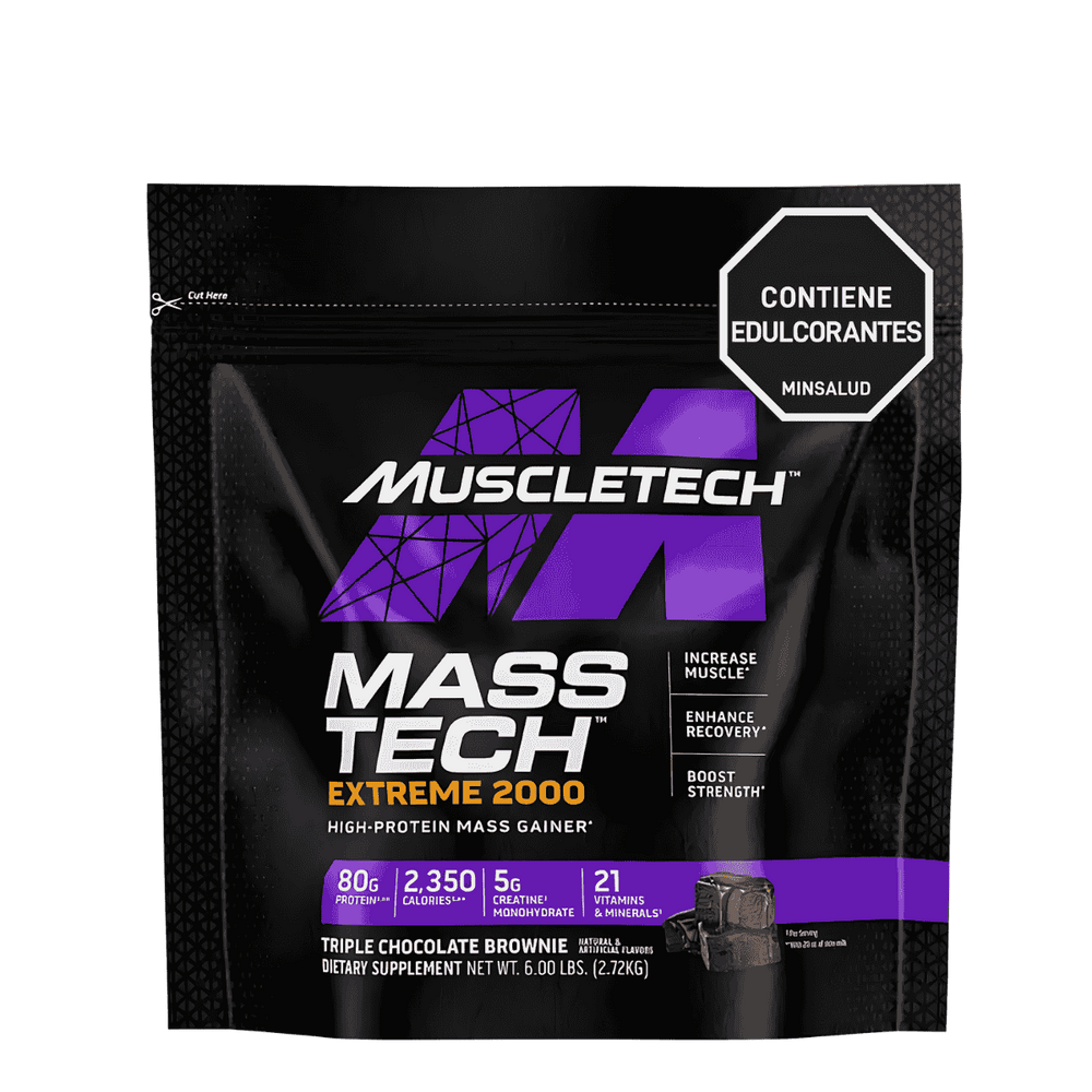 Bolsa de 6 libras de Mass-Tech Extreme 2000 de Muscletech, ganador de peso extremo sabor tripe chocolate brownie.