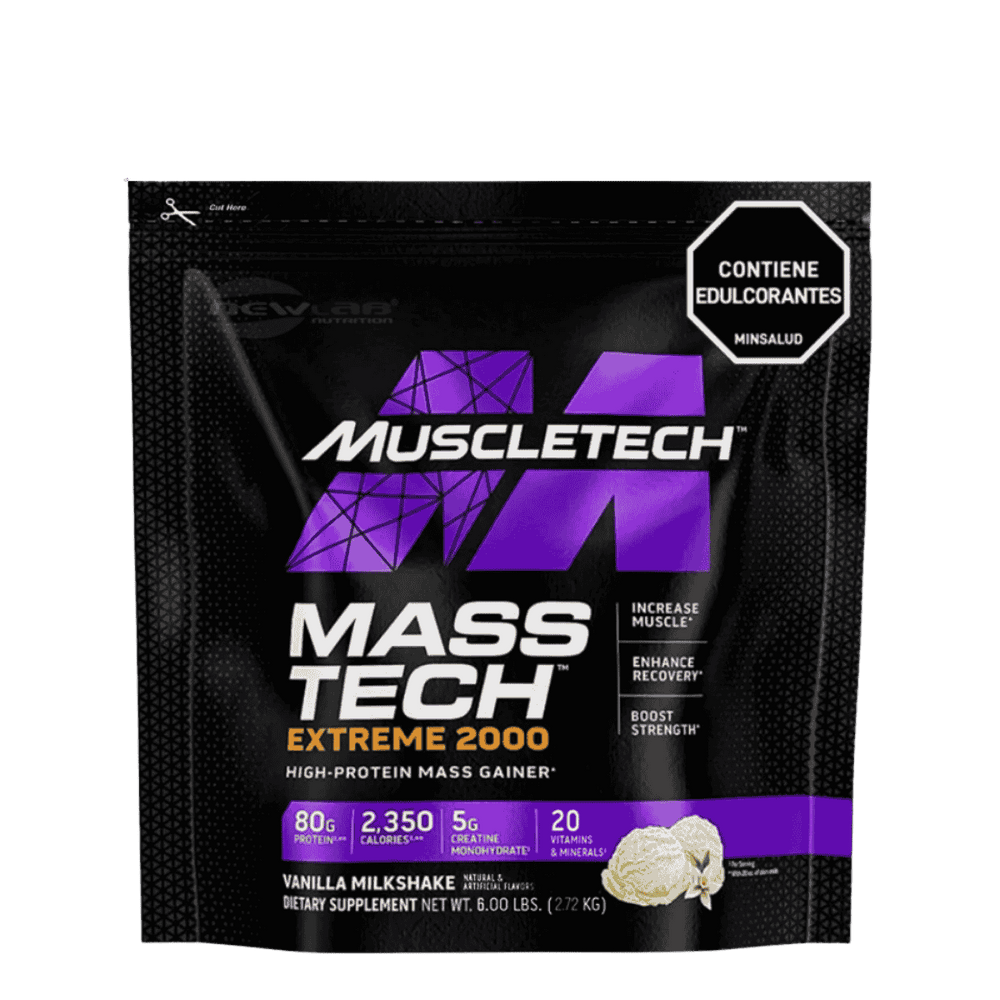 Bolsa de 6 libras de Mass-Tech Extreme 2000 de Muscletech, ganador de peso extremo sabor vainilla milkshake.