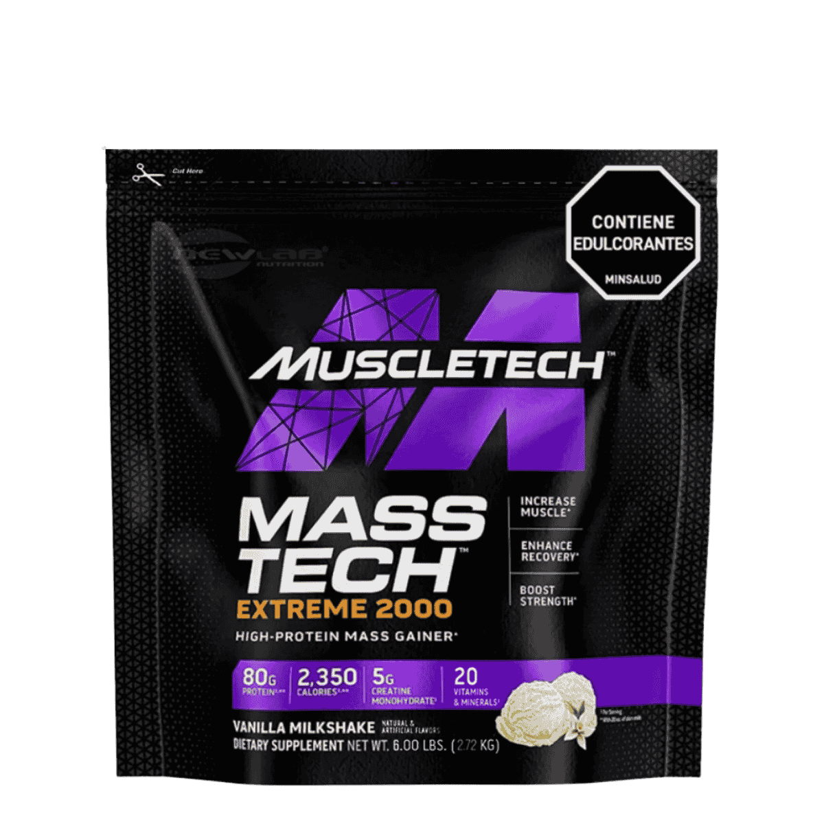 Bolsa de 6 libras de Mass-Tech Extreme 2000 de Muscletech, ganador de peso extremo sabor vainilla milkshake.