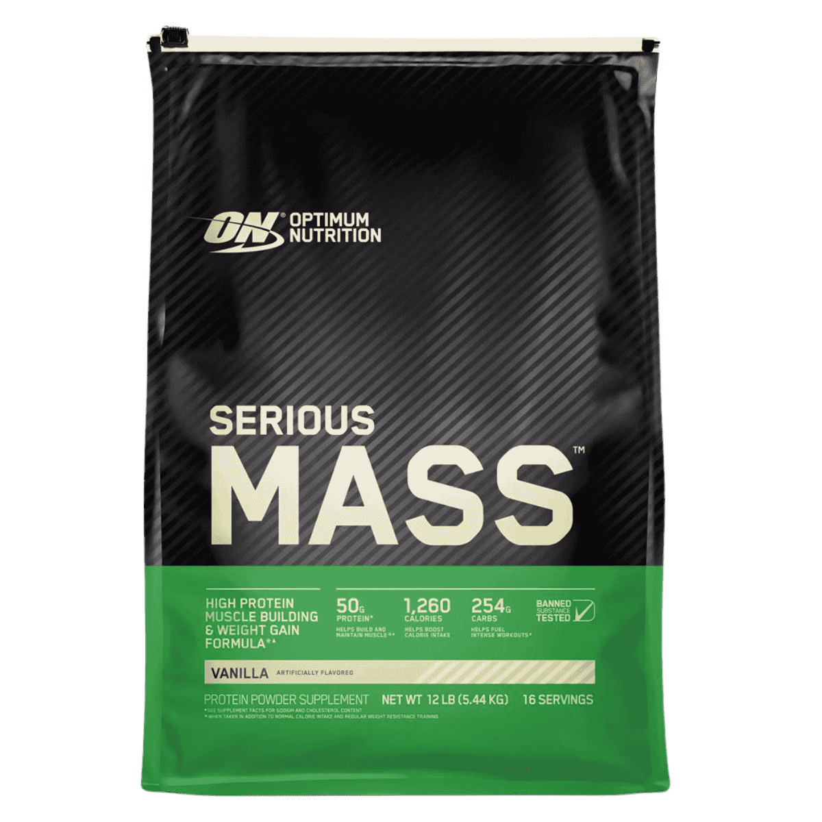Bolsa de 12 libras de Serious Mass de Optimum Nutrition, ganador de peso gigante.