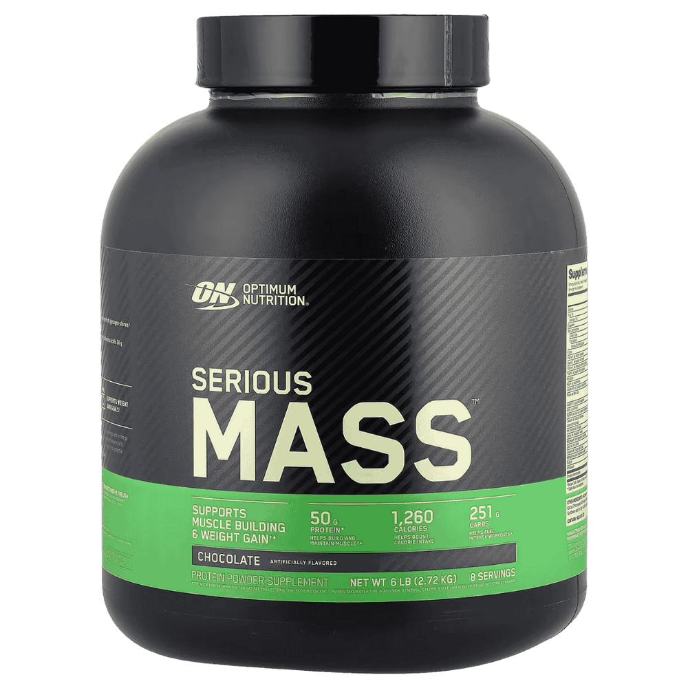 Pote de 6 libras de Serious Mass de Optimum Nutrition, ganador de peso hipercalórico sabor chocolate.