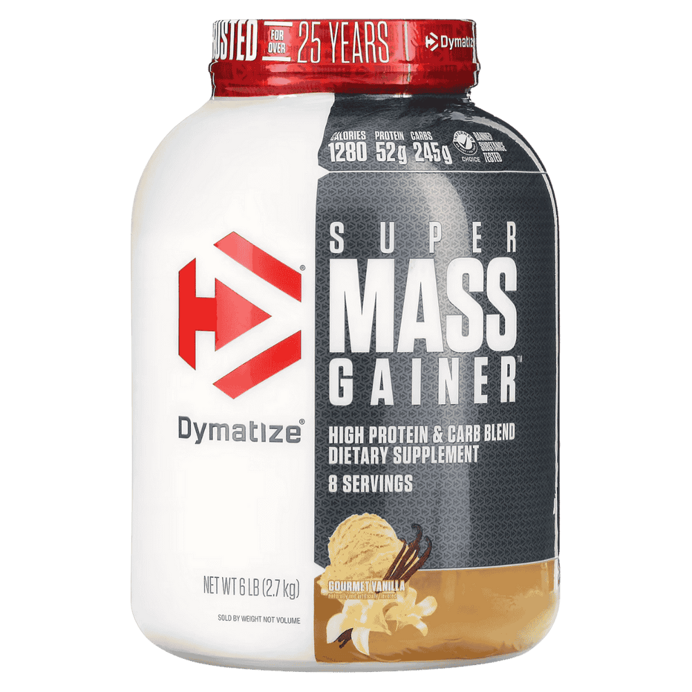 Pote de 6 libras de Super Mass Gainer de Dymatize, ganador de peso hipercalórico sabor vainilla.