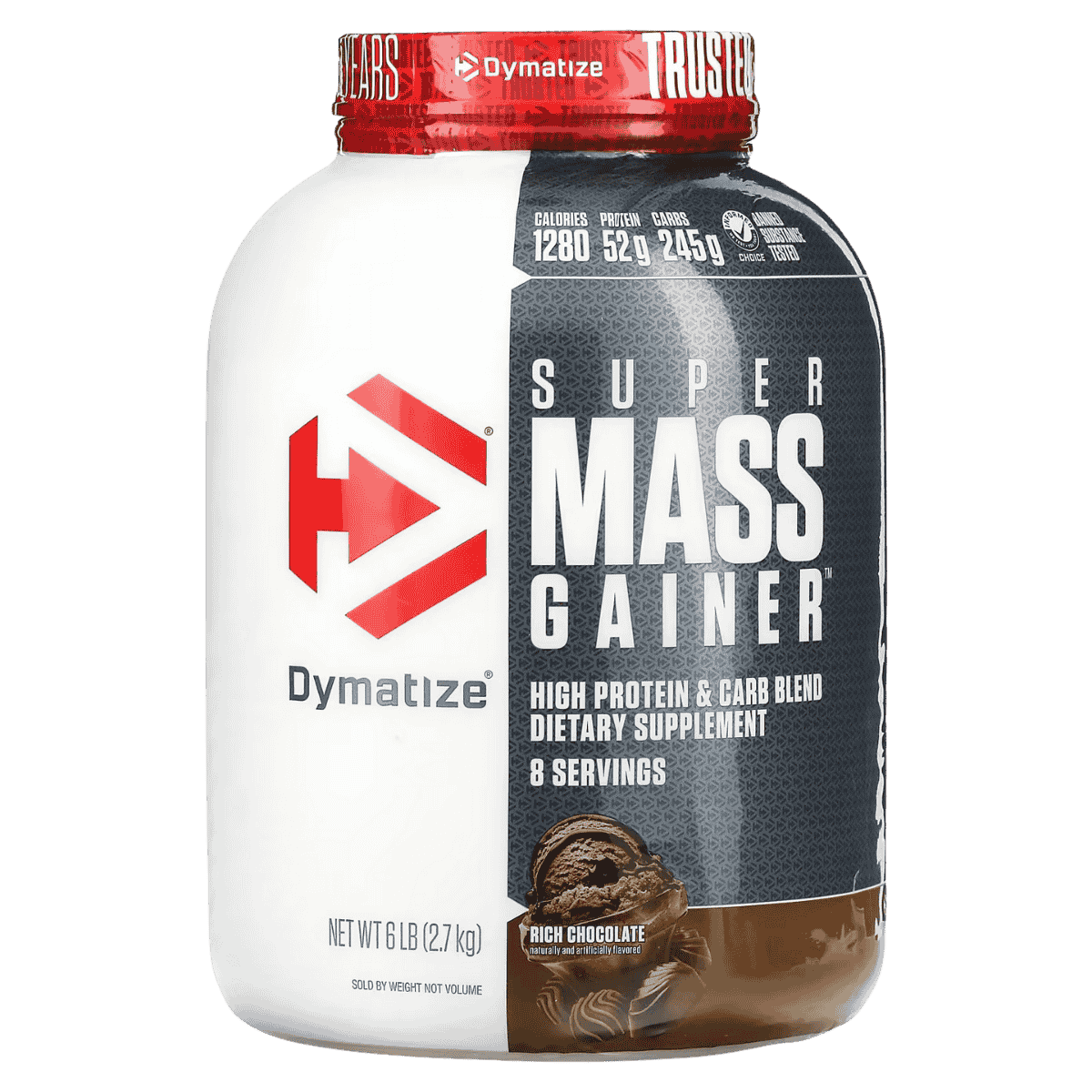 Pote de 6 libras de Super Mass Gainer de Dymatize, ganador de peso hipercalórico sabor rich chocolate.
