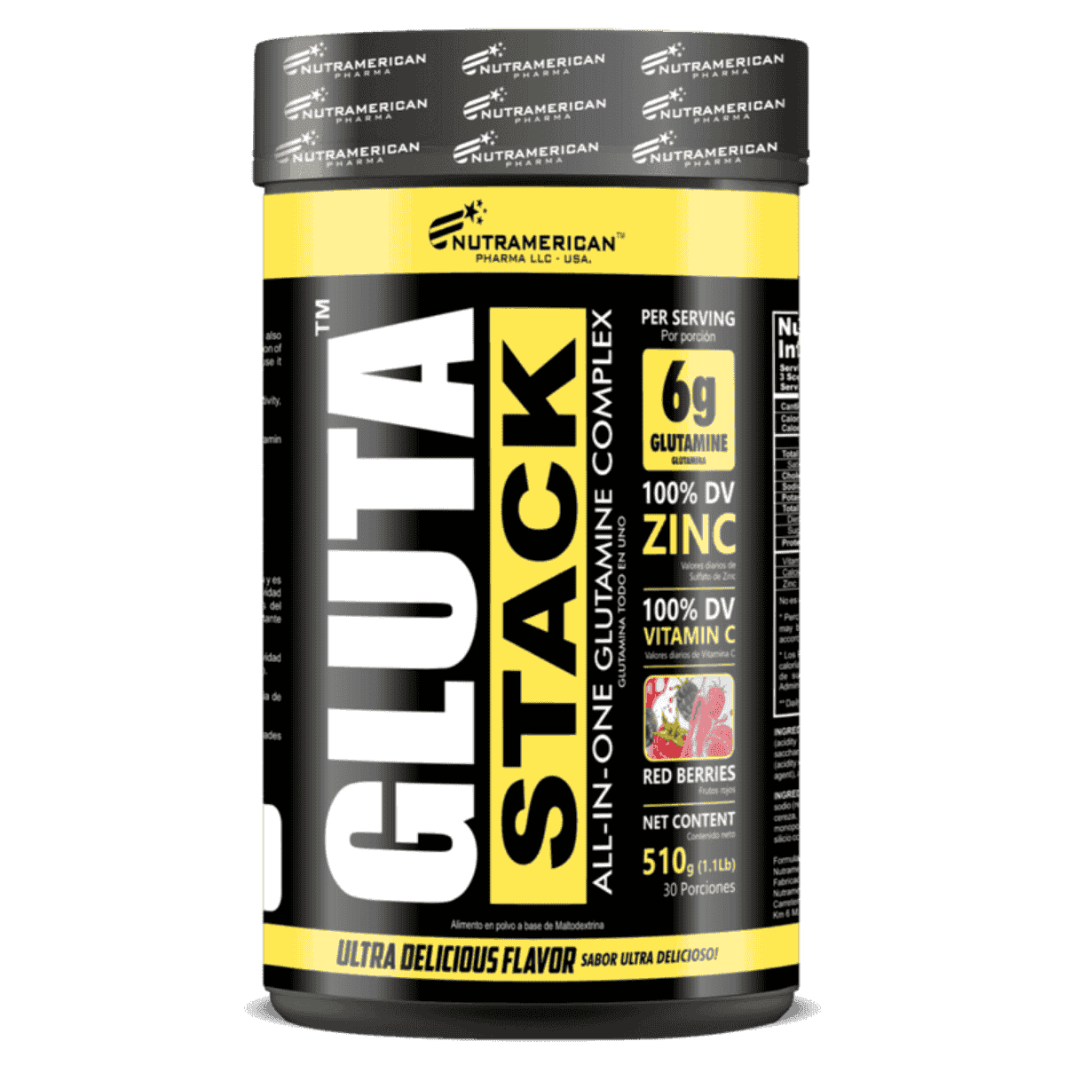 Pote de Gluta Stack de Nutramerican, 1.1 libras de glutamina con BCAA para recuperación.