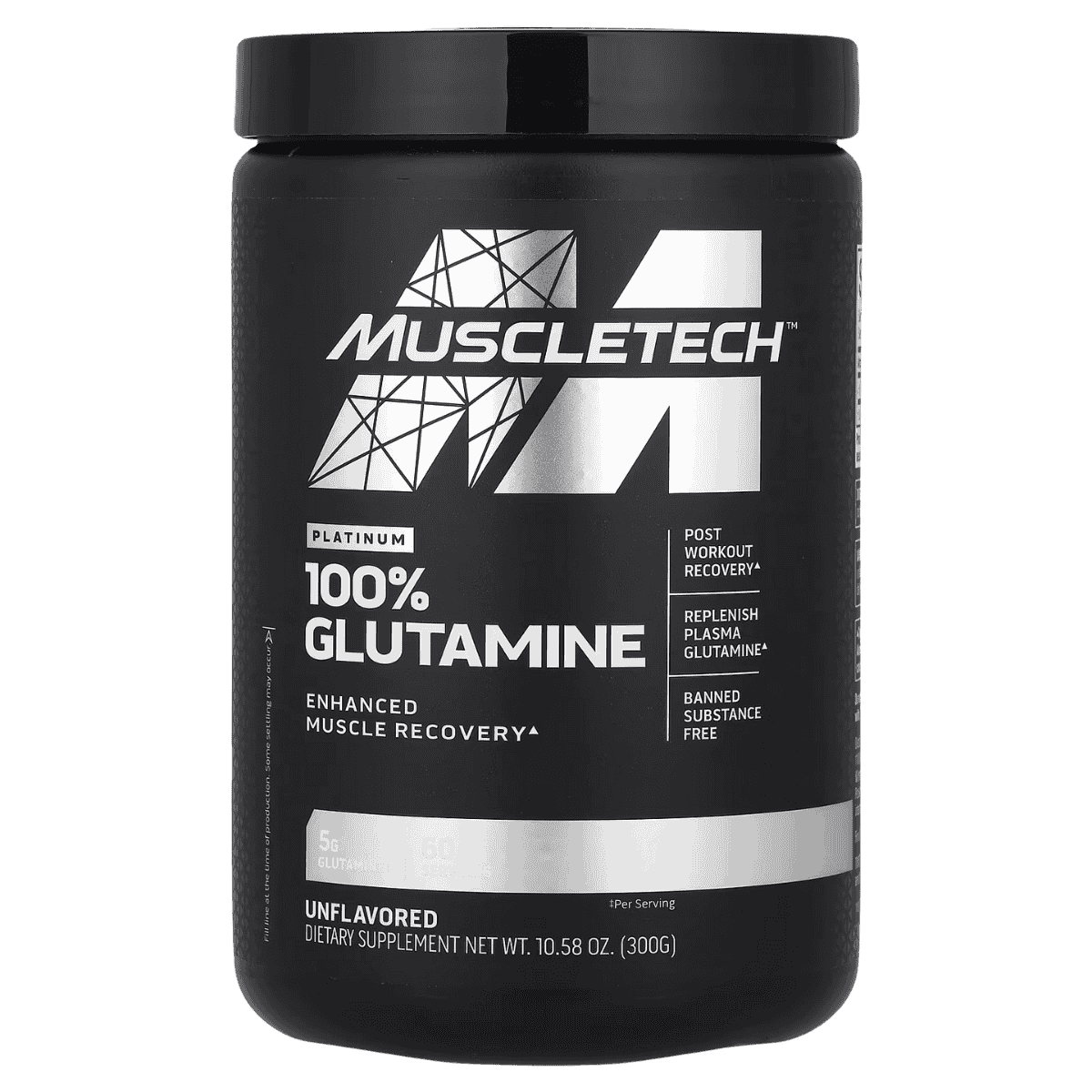 Pote de 300 gramos de Platinum 100% Glutamine de Muscletech.
