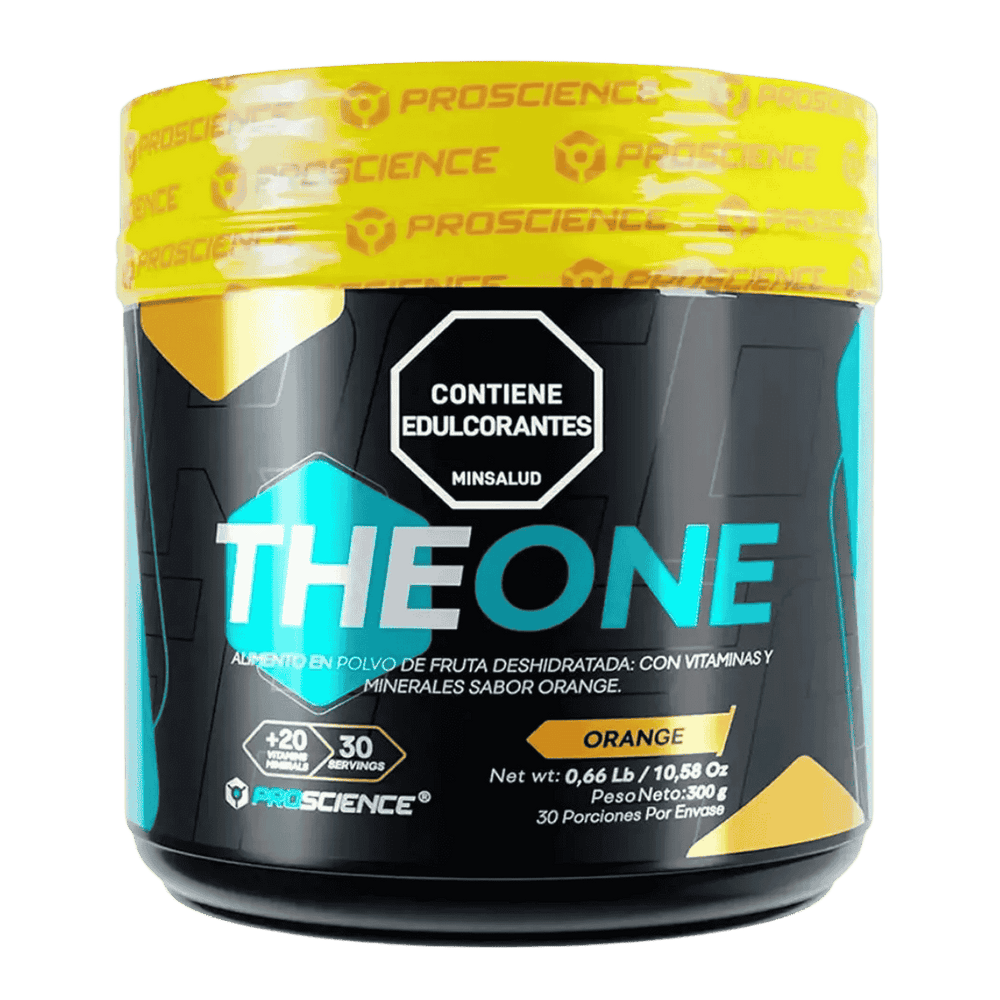 Frasco de The One Multivitamínico de Proscience sabor naranja, 30 servicios.