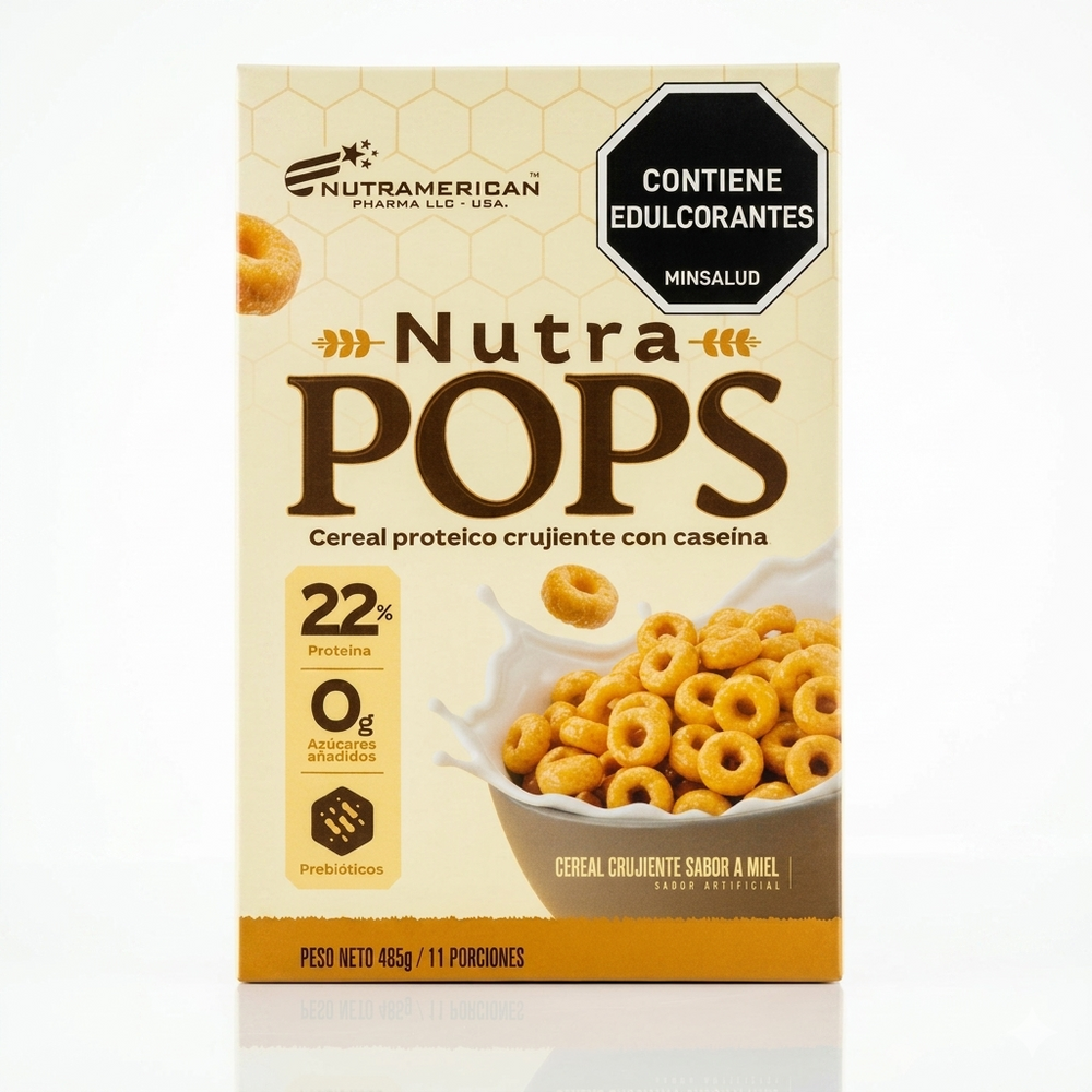 Caja de Nutra POPS, cereal proteico crujiente con caseína, sabor a miel. Contiene 22% de proteína, prebióticos y 0g azúcares añadidos.
