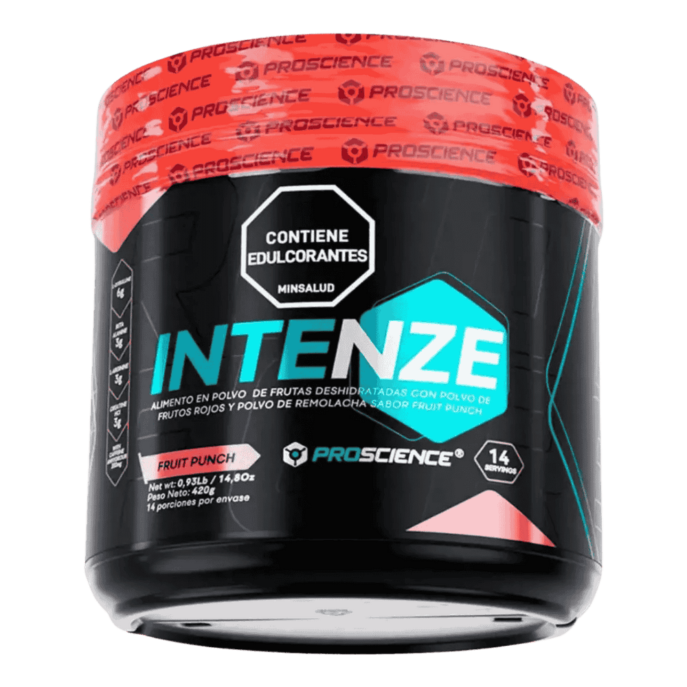 Pote del pre-entreno Intenze de Proscience, fórmula completa de 14 servicios sabor fruit punch, venta en Colombia.