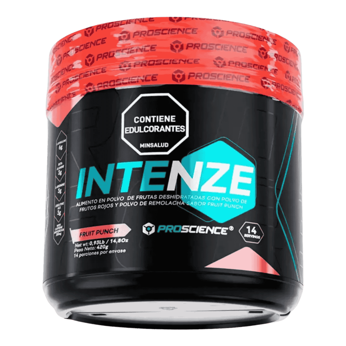 Pote del pre-entreno Intenze de Proscience, fórmula completa de 14 servicios sabor fruit punch, venta en Colombia.
