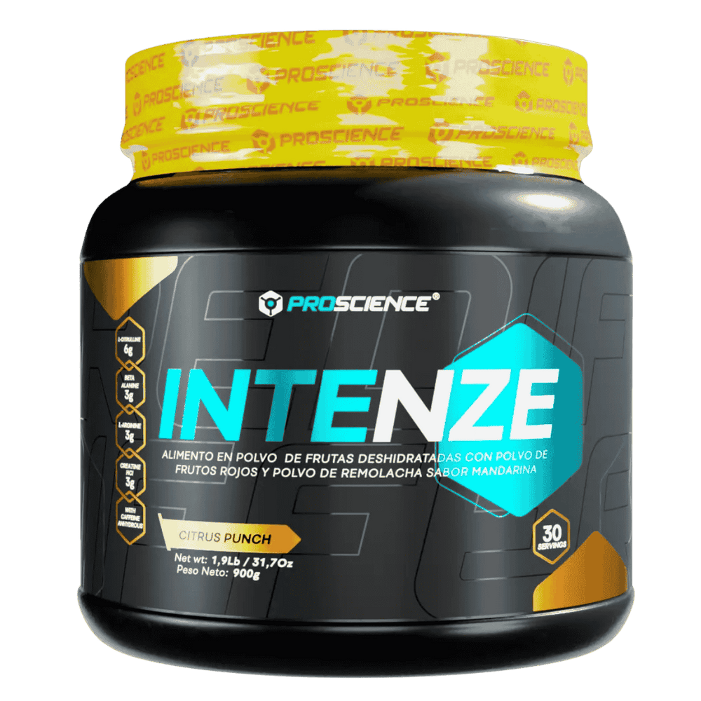 Pote de 30 servicios del pre-entreno Intenze de Proscience sabor citrus punch.