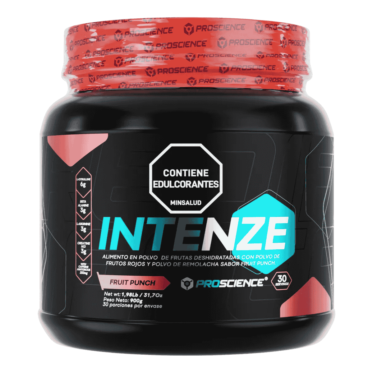 Pote de 30 servicios del pre-entreno Intenze de Proscience sabor fruit punch.