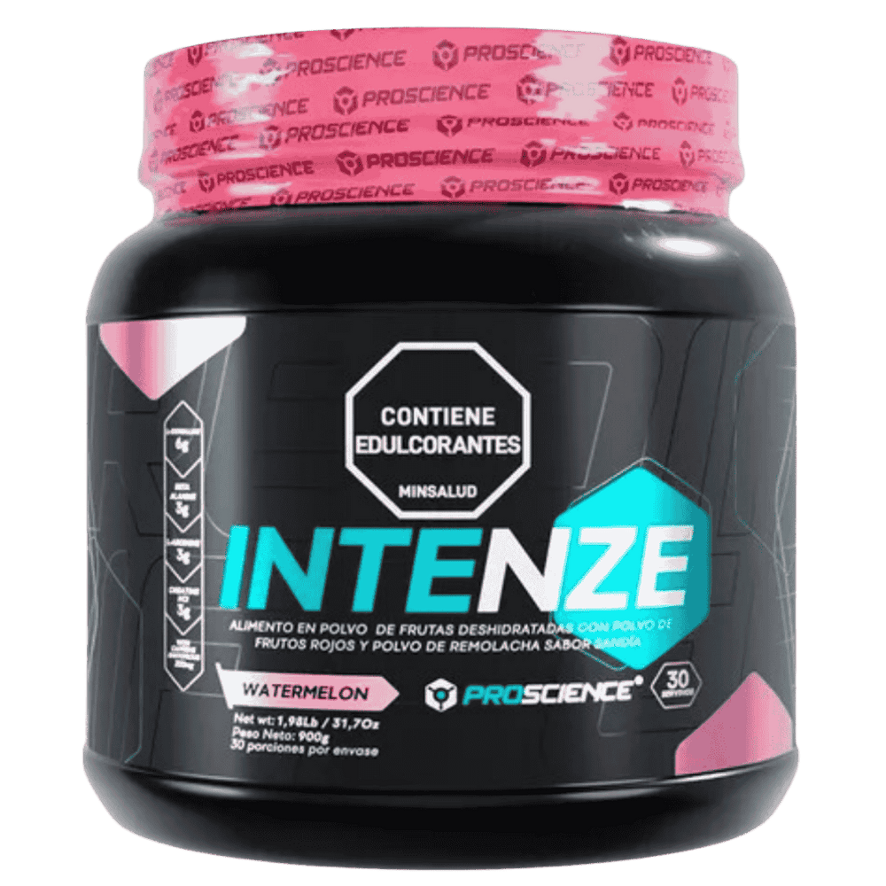 Pote de 30 servicios del pre-entreno Intenze de Proscience sabor sandia.