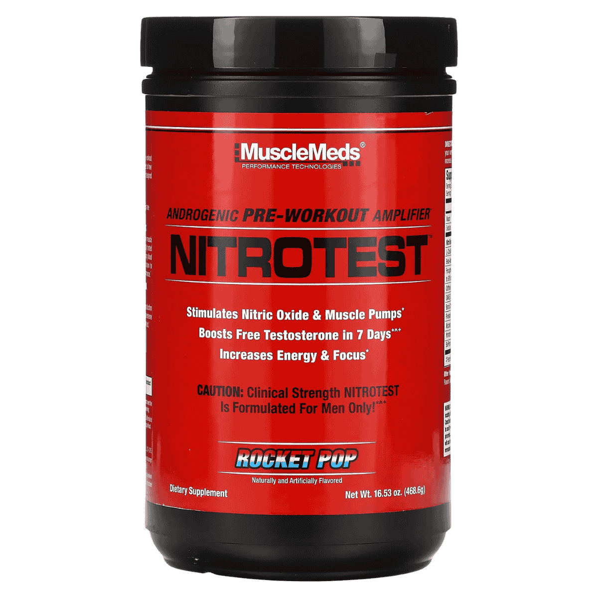 Pote de Nitro Test sabor rocket pop de MuscleMeds, 30 servicios de pre-entreno con testosterona y óxido nítrico.