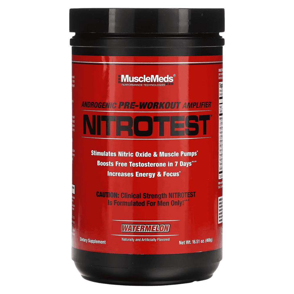 Pote de Nitro Test sabor sandia de MuscleMeds, 30 servicios de pre-entreno con testosterona y óxido nítrico.