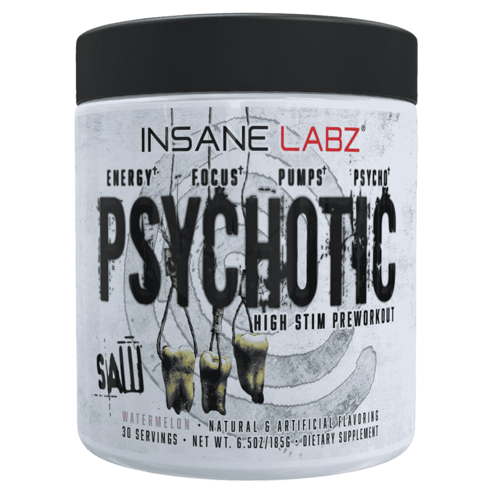 Pote del pre-entreno Psychotic SAW de Insane Labz, 30 servicios sabor sandia.